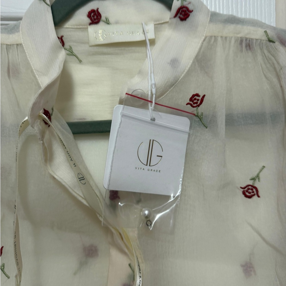 Chic Sheer Blouse with Red Floral Accents and skirt - Picture 4 of 7